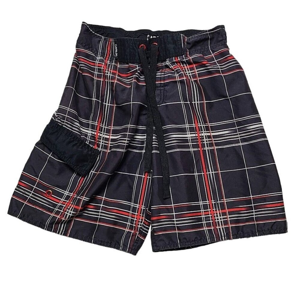 Carbon Mens Plaid Swim Trunks Black & Red Size S